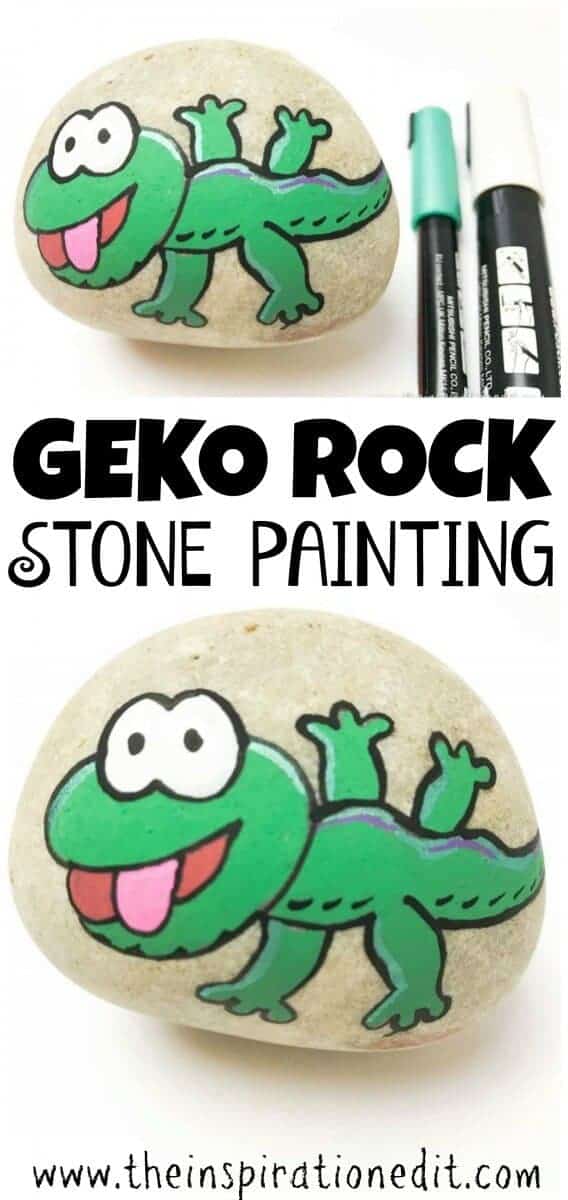 gecko painted rock stone