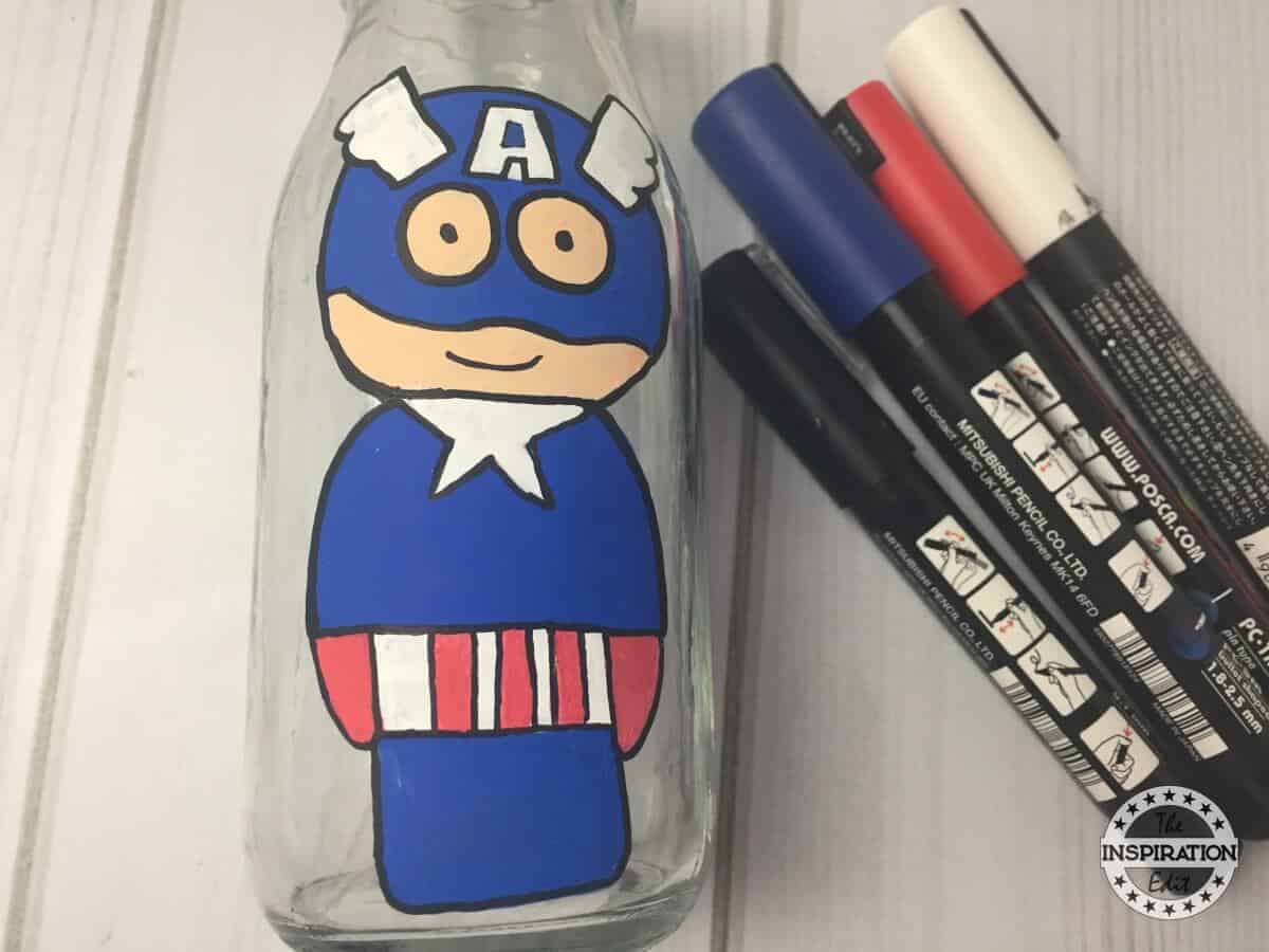 Fun Avengers crafts and activities shared by top US Disney blogger, Marcie and the Mouse: Captain America Milk Bottle Painting For Kids
