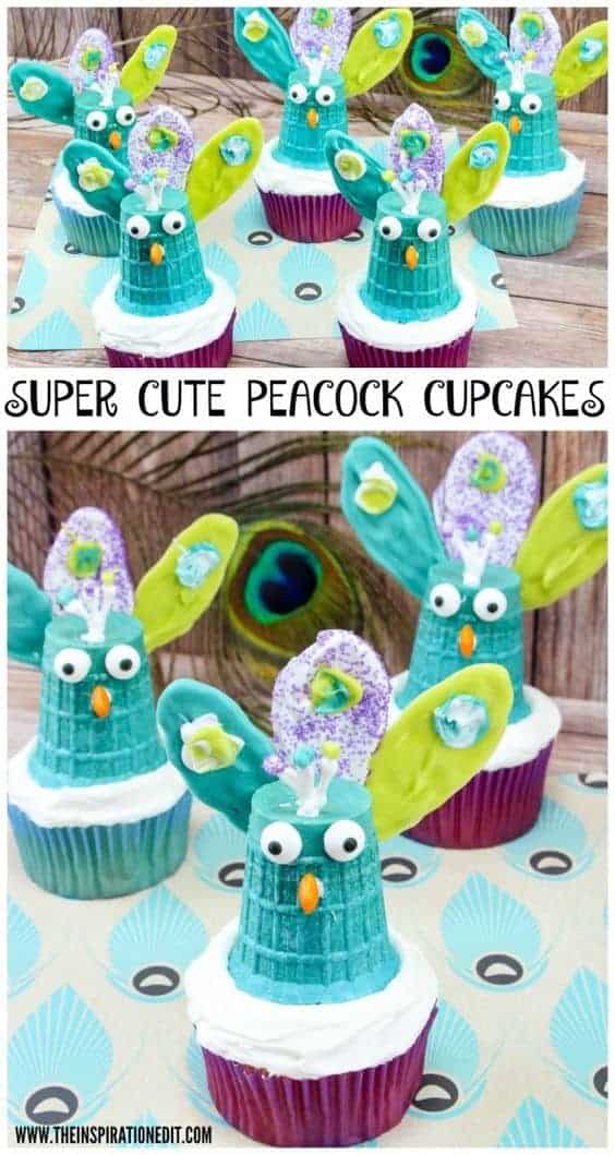 peacock cupcakes and peacock cupcake toppers