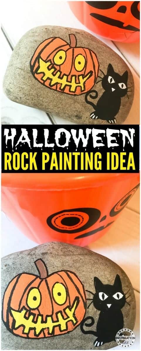Easy Halloween Craft: Halloween Pumpkin Rocks with Black Cat.