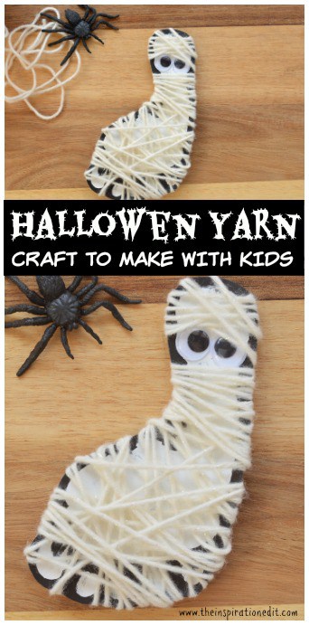 Yarn wrapped mummy one of the fun Halloween art projects on the inspiration edit.