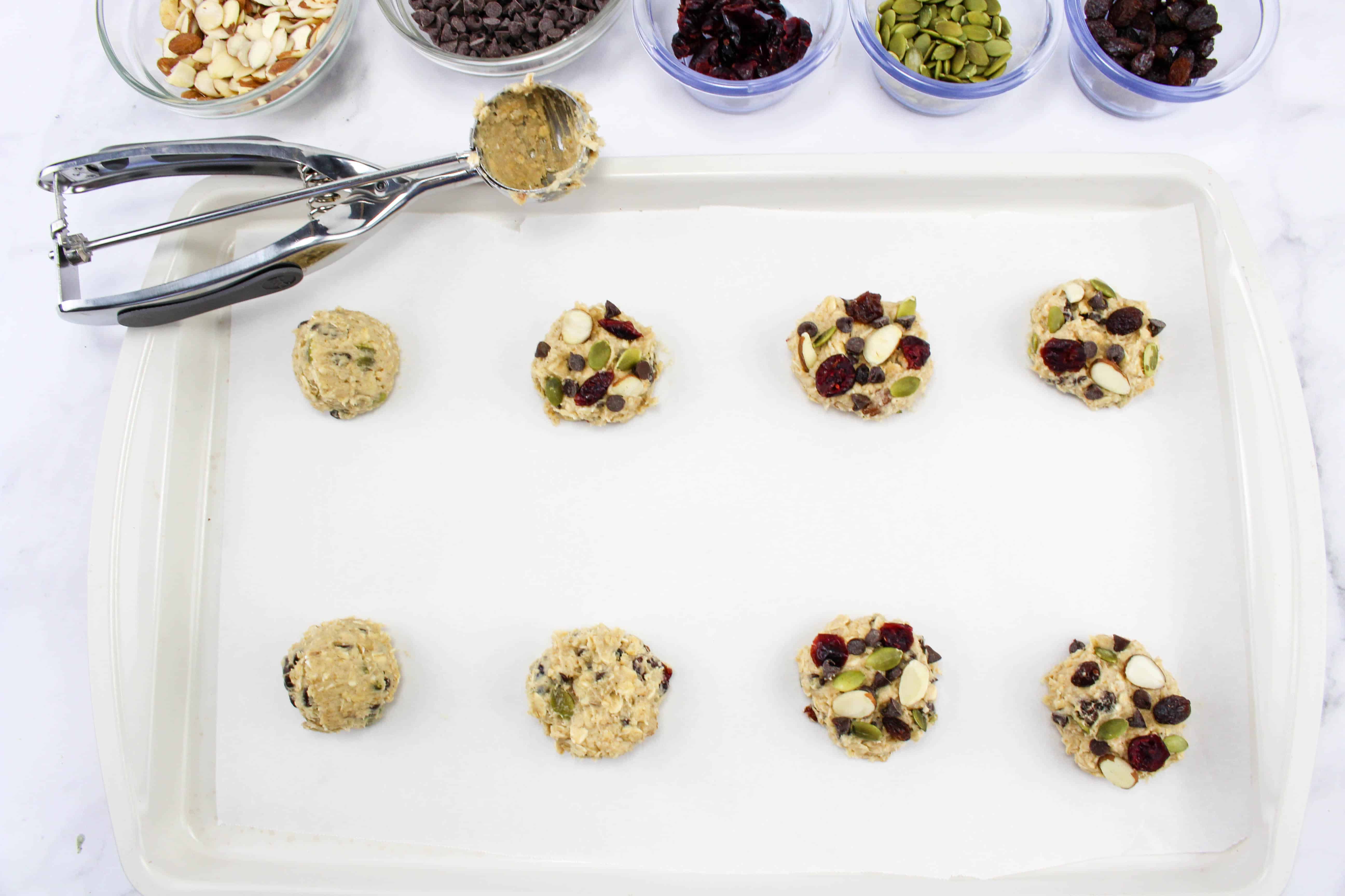 Preparing trail mix cookies.