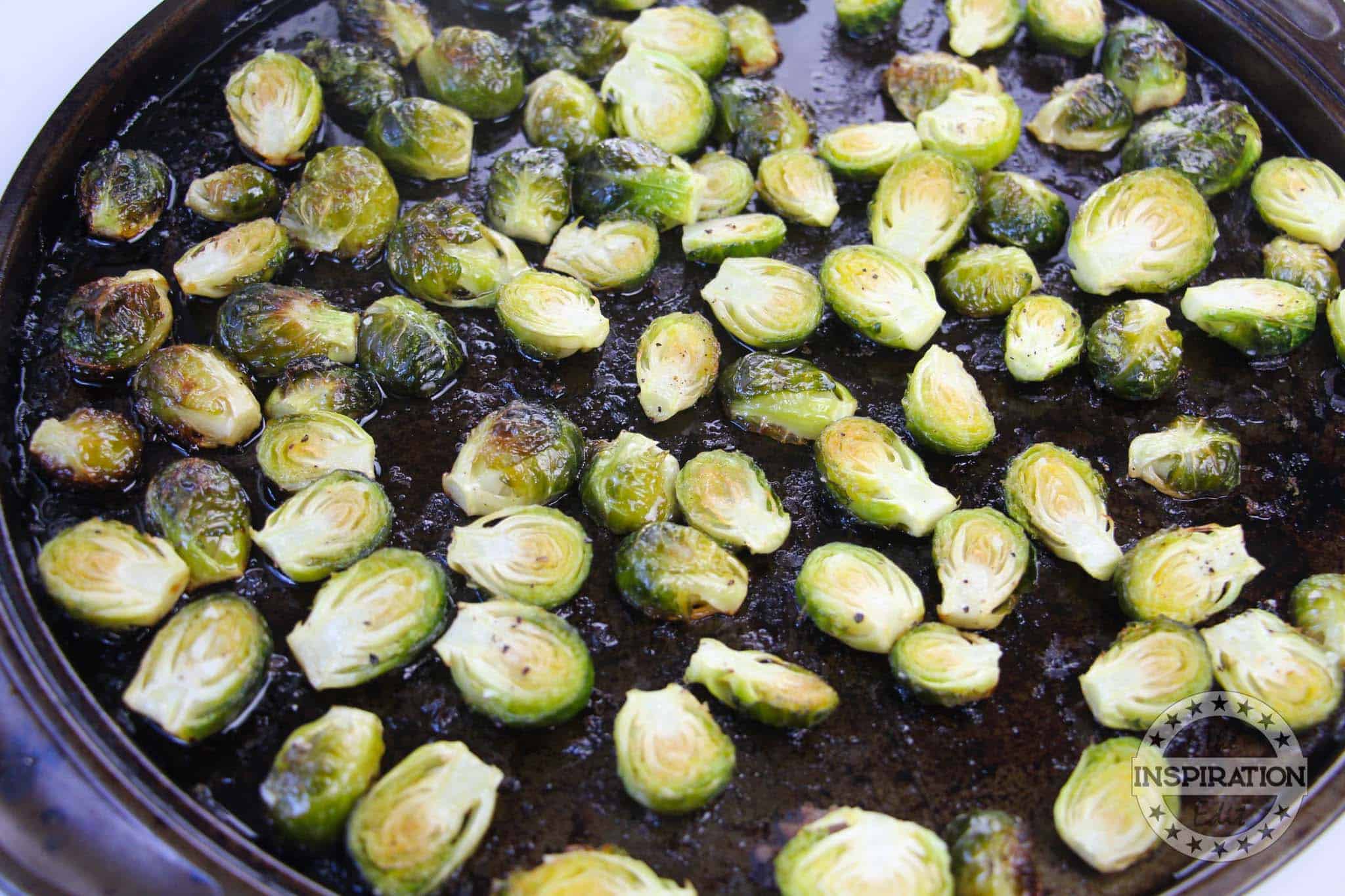 Weight Watchers brussel sprouts roasted in a pan.