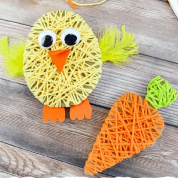 Chick and carrot made using yarn.