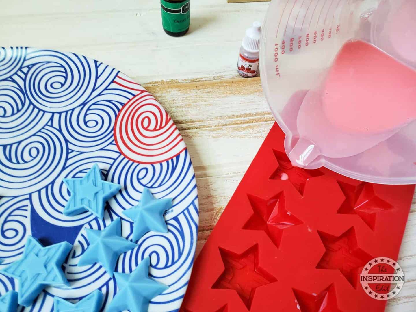 Star Mold, Melted Cherry Soap Colorant and Hardened Blueberry Soap.