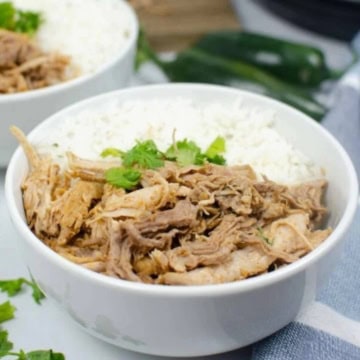 Carnitas with rice in a bowl.