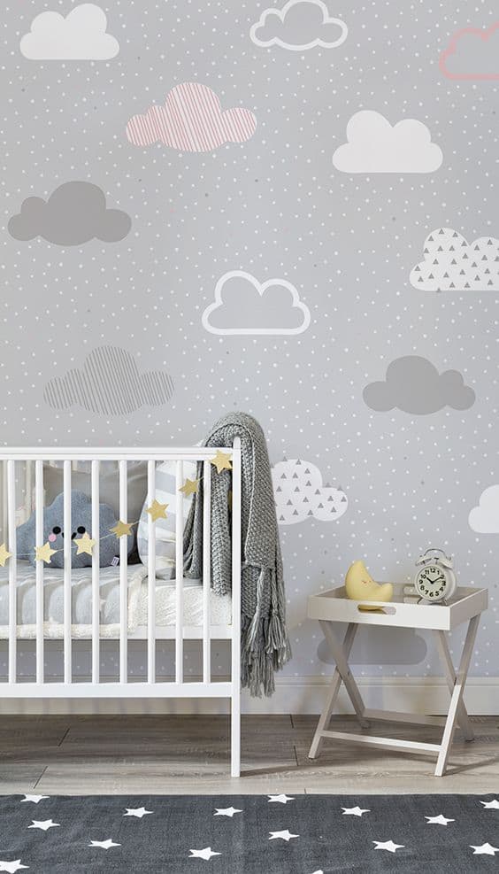 Boys Nursery with Fornasetti Nuvole Wallpaper  Transitional  Nursery