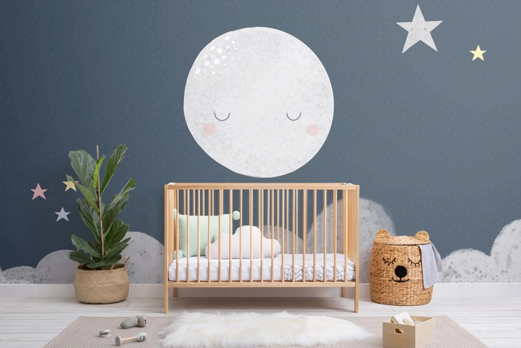 Gender Neutral Nursery with Gray Star Wallpaper  Transitional  Nursery