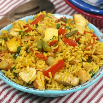 Arroz con pollo in a bowl.