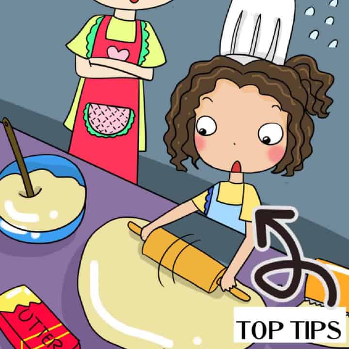 Cartoon kid preparing pizza dough.