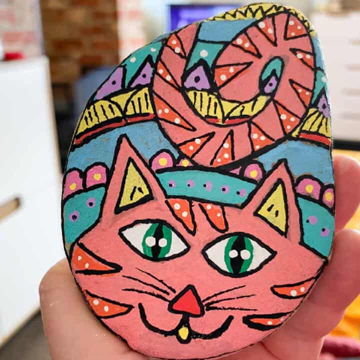 Cat Painted Rock On A Stone.