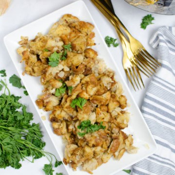 Bread stuffing served on a tray.