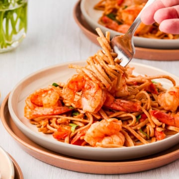 Einkorn Shrimp Linguine twisted on a fork ready to eat.